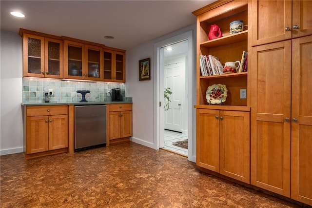 2 Cherry Ln, Bristol, RI 02809 - kitchen with fridge, brown cabinets, tasteful backsplash, glass insert cabinets, and open shelves