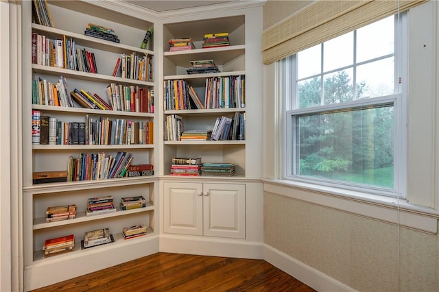 2 Cherry Ln, Bristol, RI 02809 - sitting room featuring dark wood finished floors, plenty of natural light, baseboards, and wall of books