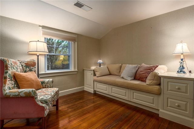 2 Cherry Ln, Bristol, RI 02809 - living area with dark wood-style floors, vaulted ceiling, and baseboards