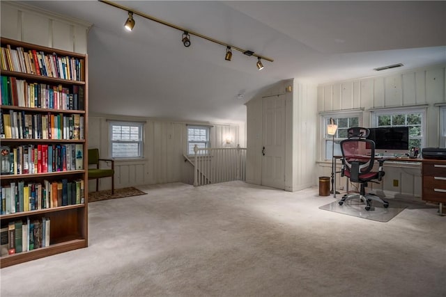 2 Cherry Ln, Bristol, RI 02809 - office featuring vaulted ceiling, rail lighting, and carpet flooring