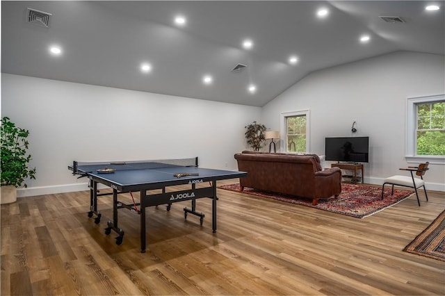 2 Cherry Ln, Bristol, RI 02809 - playroom with light wood-style flooring, baseboards, high vaulted ceiling, and recessed lighting