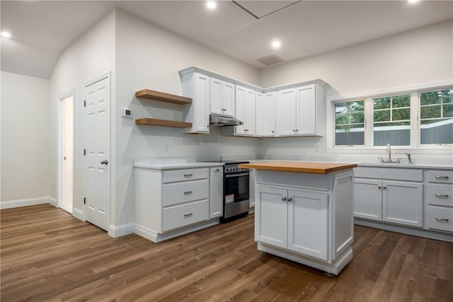 2 Cherry Ln, Bristol, RI 02809 - kitchen featuring stainless steel electric stove, wooden counters, a sink, dark wood-style floors, and recessed lighting
