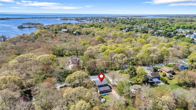 drone / aerial view of a large body of water and a heavily wooded area