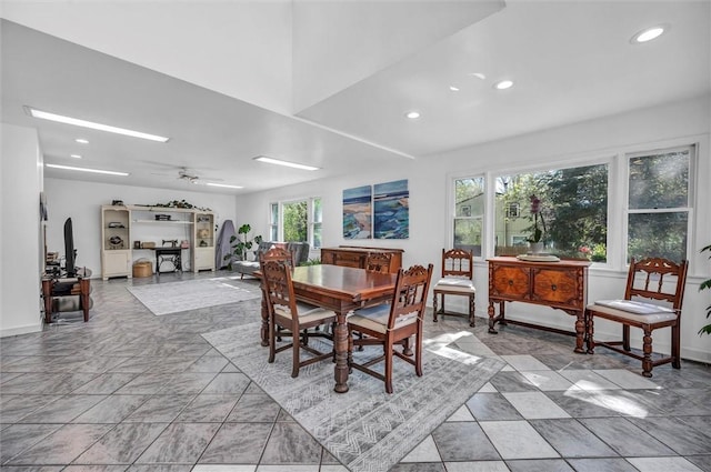 dining space with recessed lighting, ceiling fan, light marble finish floors, and baseboards
