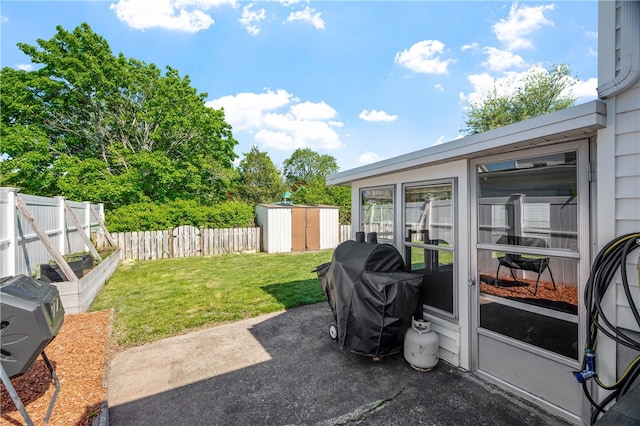 view of yard with a storage unit, an outdoor structure, and a patio