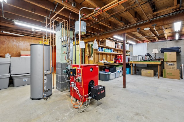 unfinished basement featuring gas water heater, a workshop area, and a heating unit
