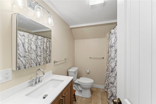 795 S Main St, Burrillville, RI 02859 - full bathroom with lofted ceiling, wood finished floors, toilet, vanity, and curtained shower