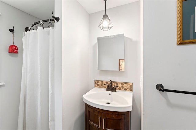795 S Main St, Burrillville, RI 02859 - bathroom with backsplash, vanity, and curtained shower