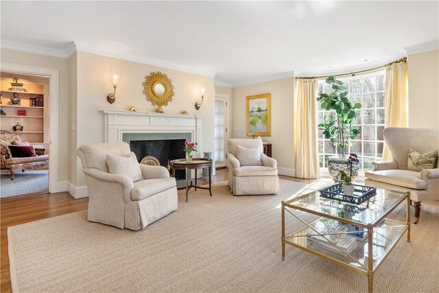 125 Grotto Ave, Providence, RI 02906 - living area featuring a fireplace, ornamental molding, wood finished floors, and baseboards