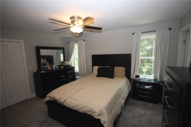 bedroom featuring carpet floors and a ceiling fan