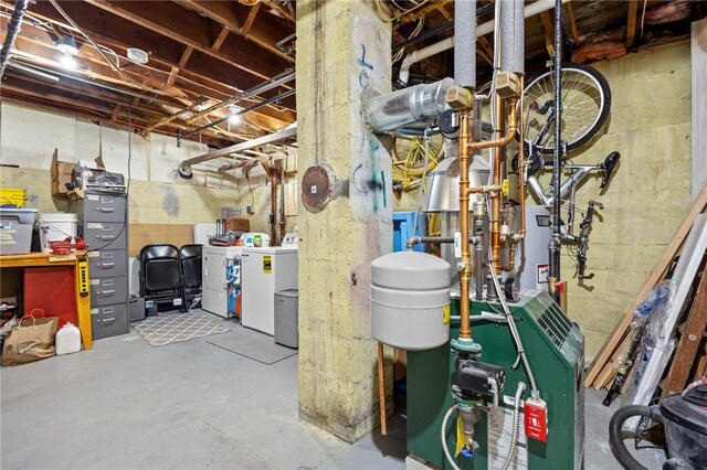 unfinished below grade area featuring washing machine and dryer and a heating unit