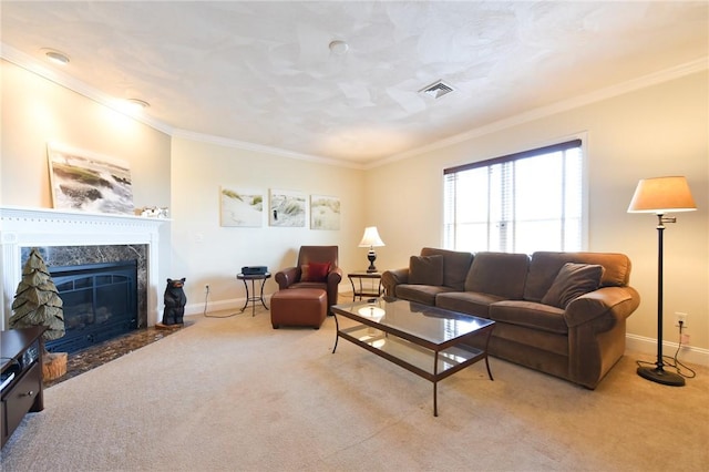 200 Roger Williams Ave Unit 106, East Providence, RI 02916 - living room featuring ornamental molding, carpet, a high end fireplace, and baseboards