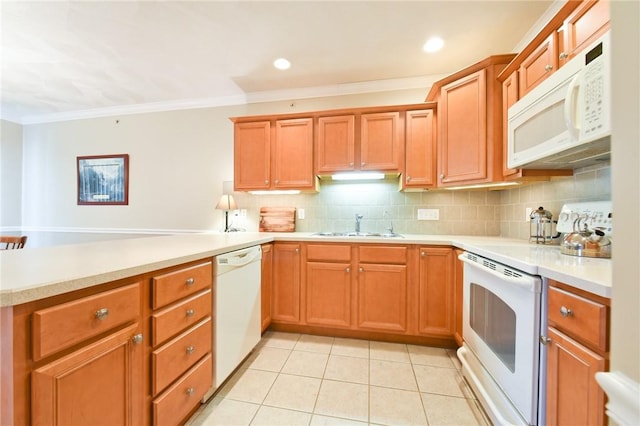 200 Roger Williams Ave Unit 106, East Providence, RI 02916 - kitchen with white appliances, a peninsula, crown molding, a sink, and light tile patterned flooring