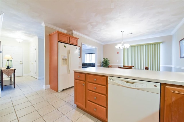 200 Roger Williams Ave Unit 106, East Providence, RI 02916 - kitchen with white appliances, light countertops, a chandelier, light tile patterned floors, and pendant lighting