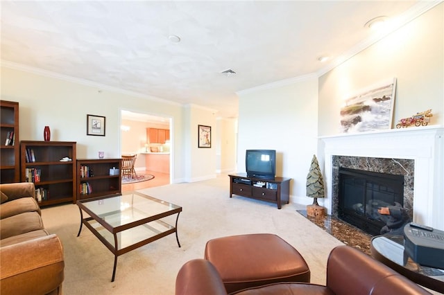 200 Roger Williams Ave Unit 106, East Providence, RI 02916 - living room featuring ornamental molding, light carpet, a fireplace, and baseboards