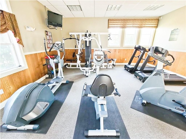 200 Roger Williams Ave Unit 106, East Providence, RI 02916 - gym with healthy amount of natural light, wooden walls, wainscoting, and a drop ceiling
