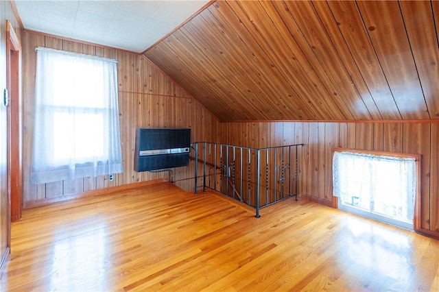 49 Gooding St, Pawtucket, RI 02860 - additional living space with heating unit, vaulted ceiling, healthy amount of natural light, wood finished floors, and wood walls