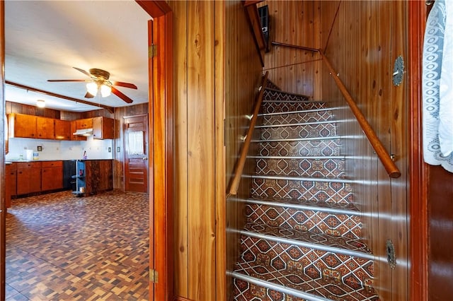 49 Gooding St, Pawtucket, RI 02860 - stairway featuring wood walls and ceiling fan
