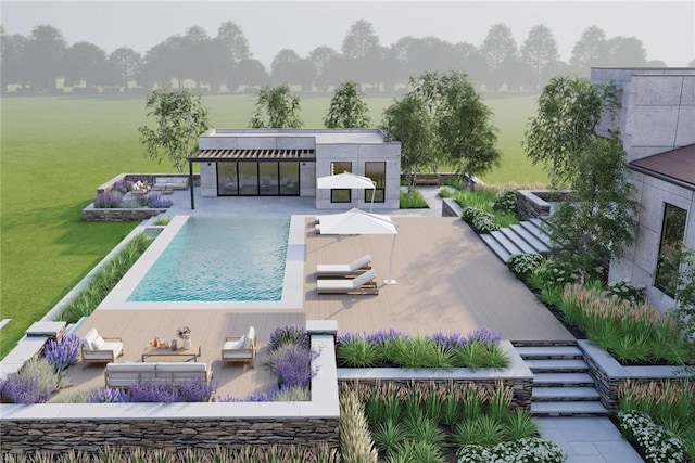 155 W Main Rd, Little Compton, RI 02837 - view of swimming pool featuring a patio area, an infinity pool, and a lawn