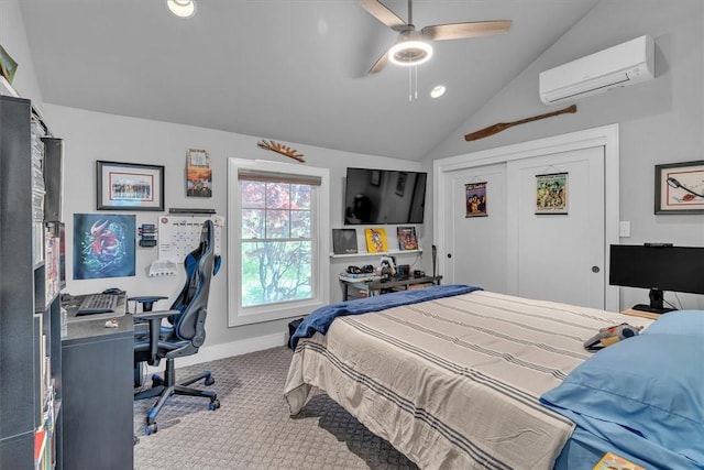 1 Fried Ave, Bristol, RI 02809 - carpeted bedroom with an AC wall unit, vaulted ceiling, baseboards, ceiling fan, and a closet