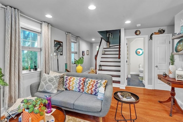1 Fried Ave, Bristol, RI 02809 - living area with wood finished floors, stairs, recessed lighting, and baseboards