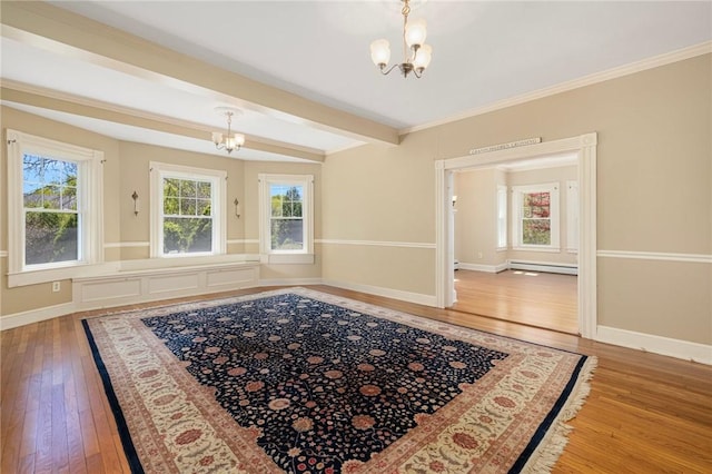 110 Narragansett Ave W, South Kingstown, RI 02879 - unfurnished room with a chandelier, hardwood / wood-style flooring, baseboards, beam ceiling, and a baseboard heating unit