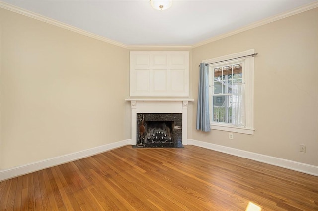 110 Narragansett Ave W, South Kingstown, RI 02879 - unfurnished living room featuring baseboards, light wood-type flooring, a fireplace with flush hearth, and ornamental molding