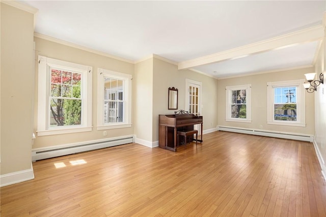 110 Narragansett Ave W, South Kingstown, RI 02879 - living area featuring baseboard heating, a baseboard heating unit, light wood-style flooring, healthy amount of natural light, and ornamental molding