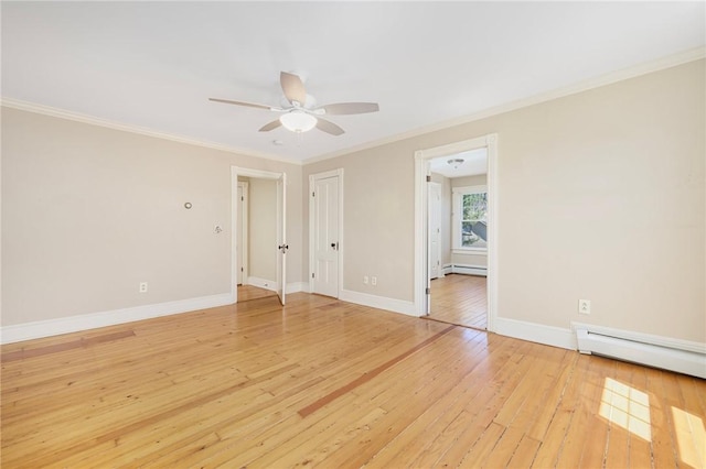110 Narragansett Ave W, South Kingstown, RI 02879 - unfurnished room with light wood-style floors, a ceiling fan, crown molding, a baseboard heating unit, and baseboards