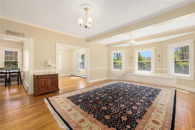 110 Narragansett Ave W, South Kingstown, RI 02879 - foyer entrance with a chandelier, a baseboard heating unit, light wood-type flooring, beam ceiling, and crown molding