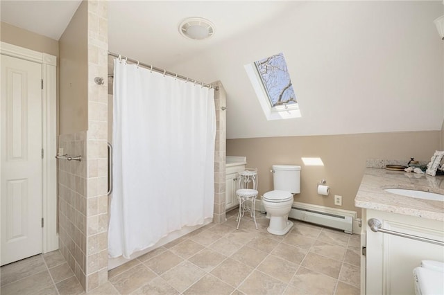 110 Narragansett Ave W, South Kingstown, RI 02879 - full bathroom featuring a baseboard radiator, vaulted ceiling, a skylight, a shower with shower curtain, and toilet