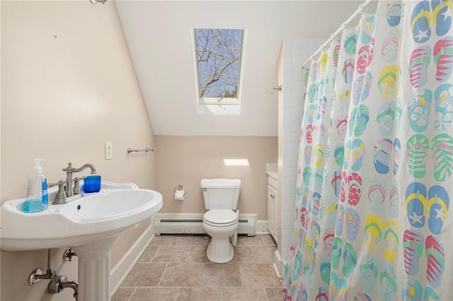 110 Narragansett Ave W, South Kingstown, RI 02879 - bathroom featuring baseboard heating, a baseboard radiator, toilet, vaulted ceiling, and baseboards
