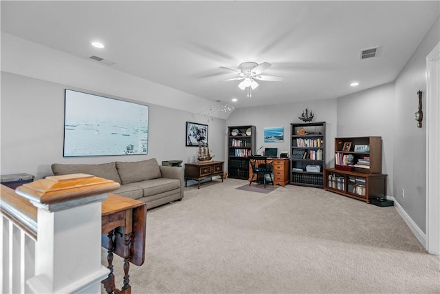 9 Thelma Ln, Middletown, RI 02842 - living room with light carpet, a desk, recessed lighting, and ceiling fan