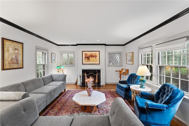 living room featuring wood finished floors, ornamental molding, baseboards, and a fireplace with flush hearth