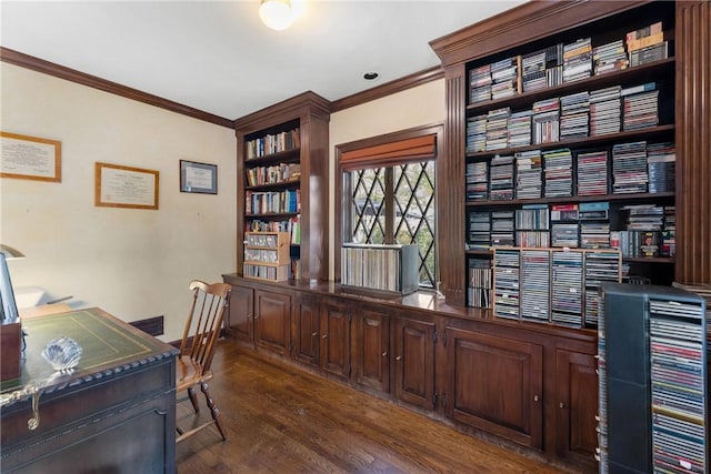 office space with ornamental molding, dark wood-style floors, and baseboards