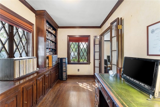 home office with dark wood-style floors, baseboards, crown molding, and built in features