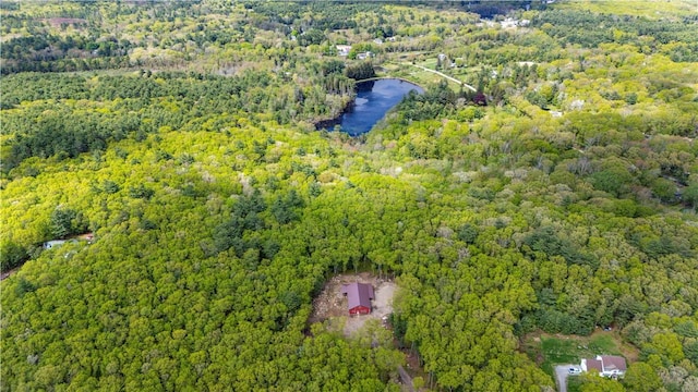 drone / aerial view of a heavily wooded area and a nearby body of water
