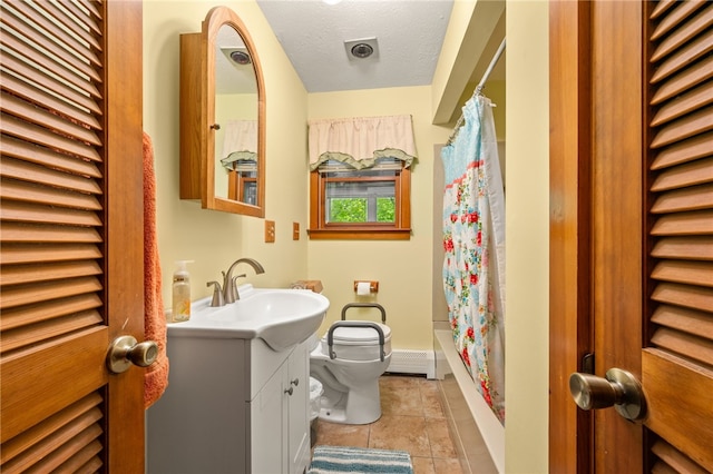 bathroom with toilet, vanity, shower / tub combo with curtain, tile patterned floors, and a textured ceiling