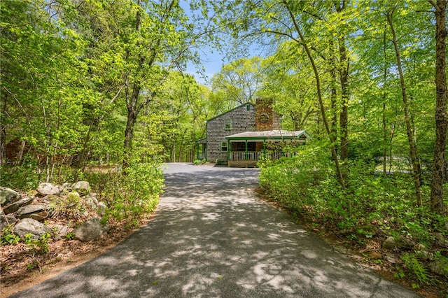 view of property exterior featuring driveway and a chimney