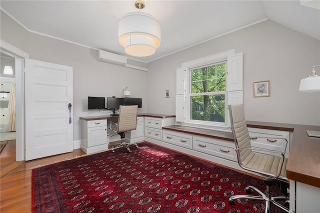 3 Hidden St, Providence, RI 02906 - home office with an AC wall unit, wood finished floors, crown molding, lofted ceiling, and built in study area