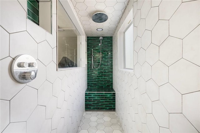 3 Hidden St, Providence, RI 02906 - bathroom featuring tile walls, tiled shower, and tile patterned flooring