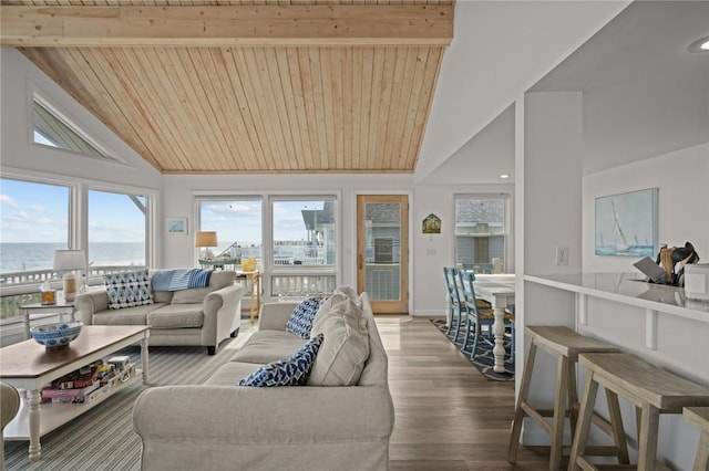 419 Atlantic Ave, Westerly, RI 02891 - living area with wood ceiling, beam ceiling, wood finished floors, a water view, and high vaulted ceiling