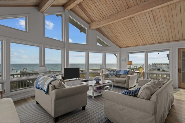 419 Atlantic Ave, Westerly, RI 02891 - living room with beamed ceiling, wood finished floors, wood ceiling, and high vaulted ceiling