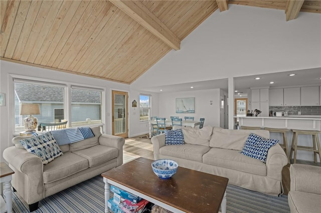419 Atlantic Ave, Westerly, RI 02891 - living area with beamed ceiling, light wood-style floors, recessed lighting, high vaulted ceiling, and wooden ceiling