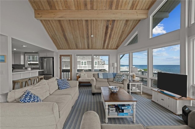 419 Atlantic Ave, Westerly, RI 02891 - living area with wooden ceiling, high vaulted ceiling, beam ceiling, and recessed lighting