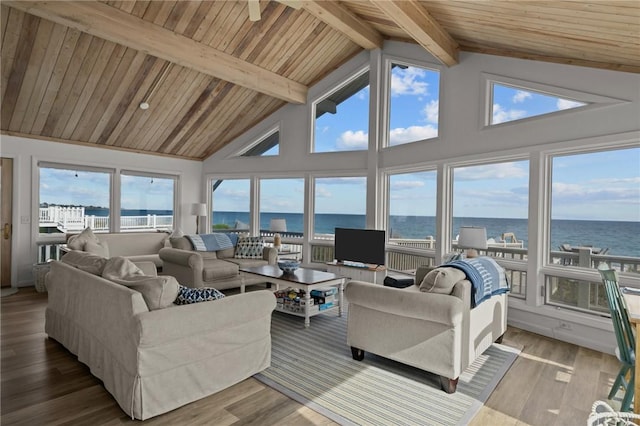 419 Atlantic Ave, Westerly, RI 02891 - living room featuring beam ceiling, high vaulted ceiling, wood finished floors, and wooden ceiling