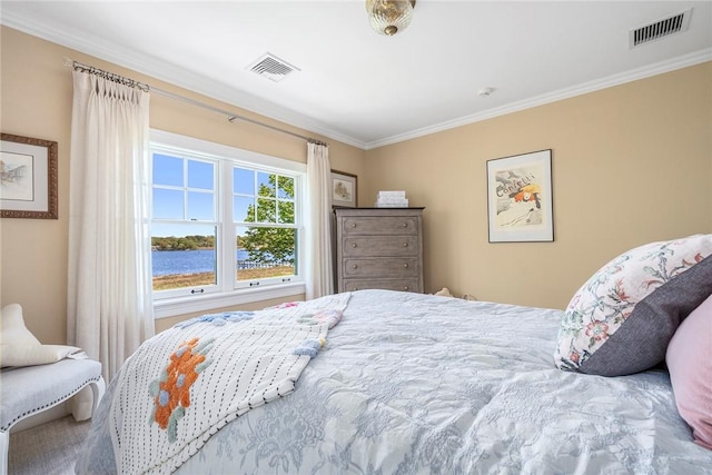 136 Adams Point Rd, Barrington, RI 02806 - bedroom with ornamental molding and a water view
