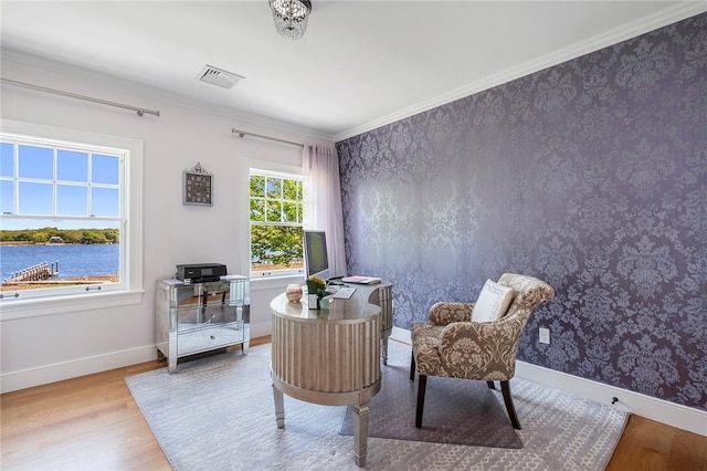 136 Adams Point Rd, Barrington, RI 02806 - sitting room with wood finished floors, baseboards, a desk, and ornamental molding