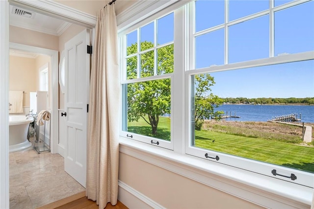 136 Adams Point Rd, Barrington, RI 02806 - interior space with a water view, crown molding, and baseboards