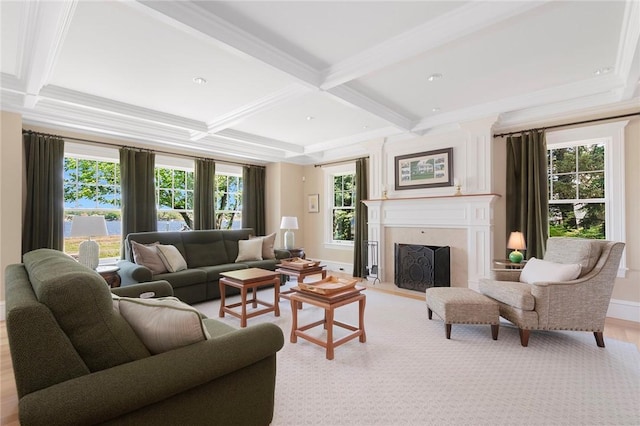 136 Adams Point Rd, Barrington, RI 02806 - living room with coffered ceiling, healthy amount of natural light, a fireplace, beamed ceiling, and baseboards